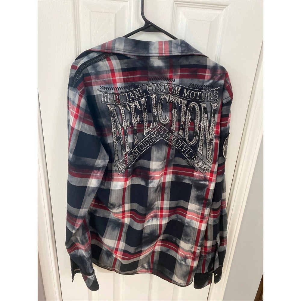 Affliction Button Down Men Large Red Grey Plaid Slim Black Premium Biker Shirt - Picture 10 of 10